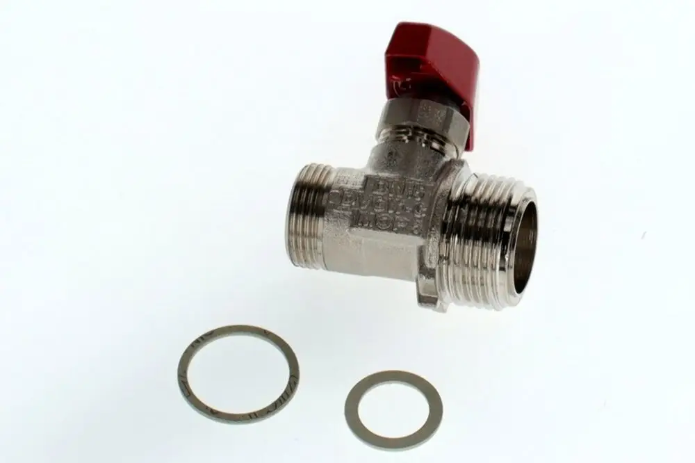 Gasventil von Bosch mit rotem Hebel, zwei Dichtungsringen. Das Ventil ist aus Metall und hat Gewindeanschlüsse für die Montage.